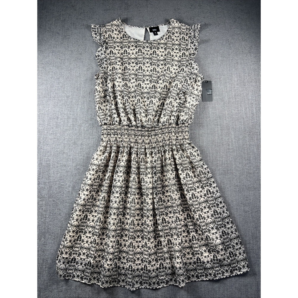 NWT Mossimo Mini Dress Black Cream Geometric Smocked Waist Ruffle Women's SM
